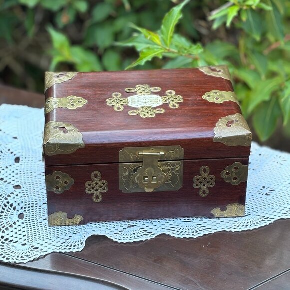 Vintage Rosewood Jewelry Box Brass Hardware Chest with Bone Medallion Solid Wood - Picture 1 of 16